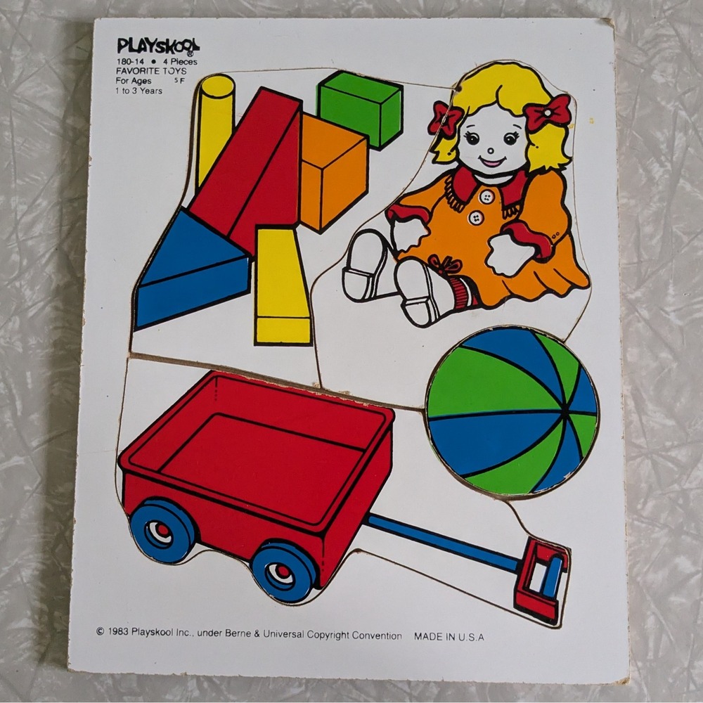 Vintage 1983 Playskool Favorite Toys Wooden Inlay Puzzle 4 Piece USA Made